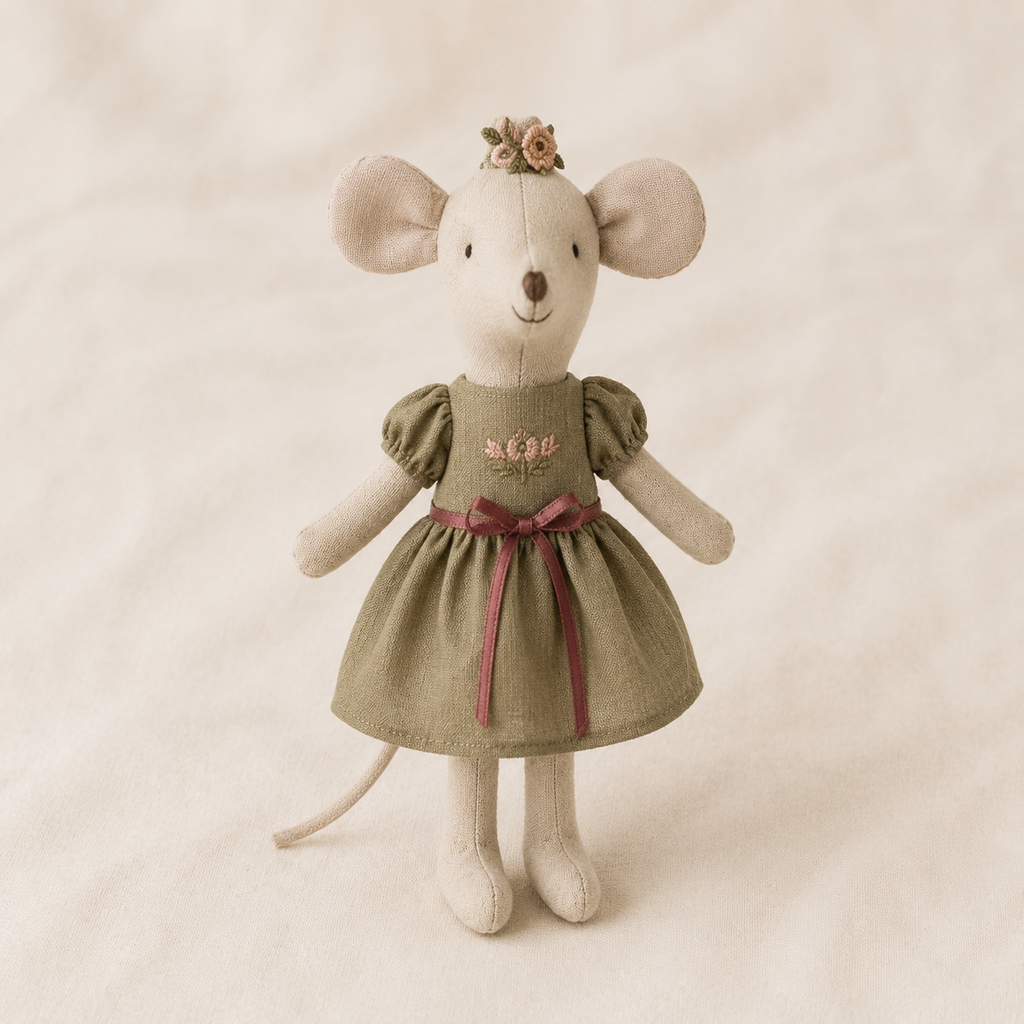 Florence soft mouse doll wearing olive embroidered dress