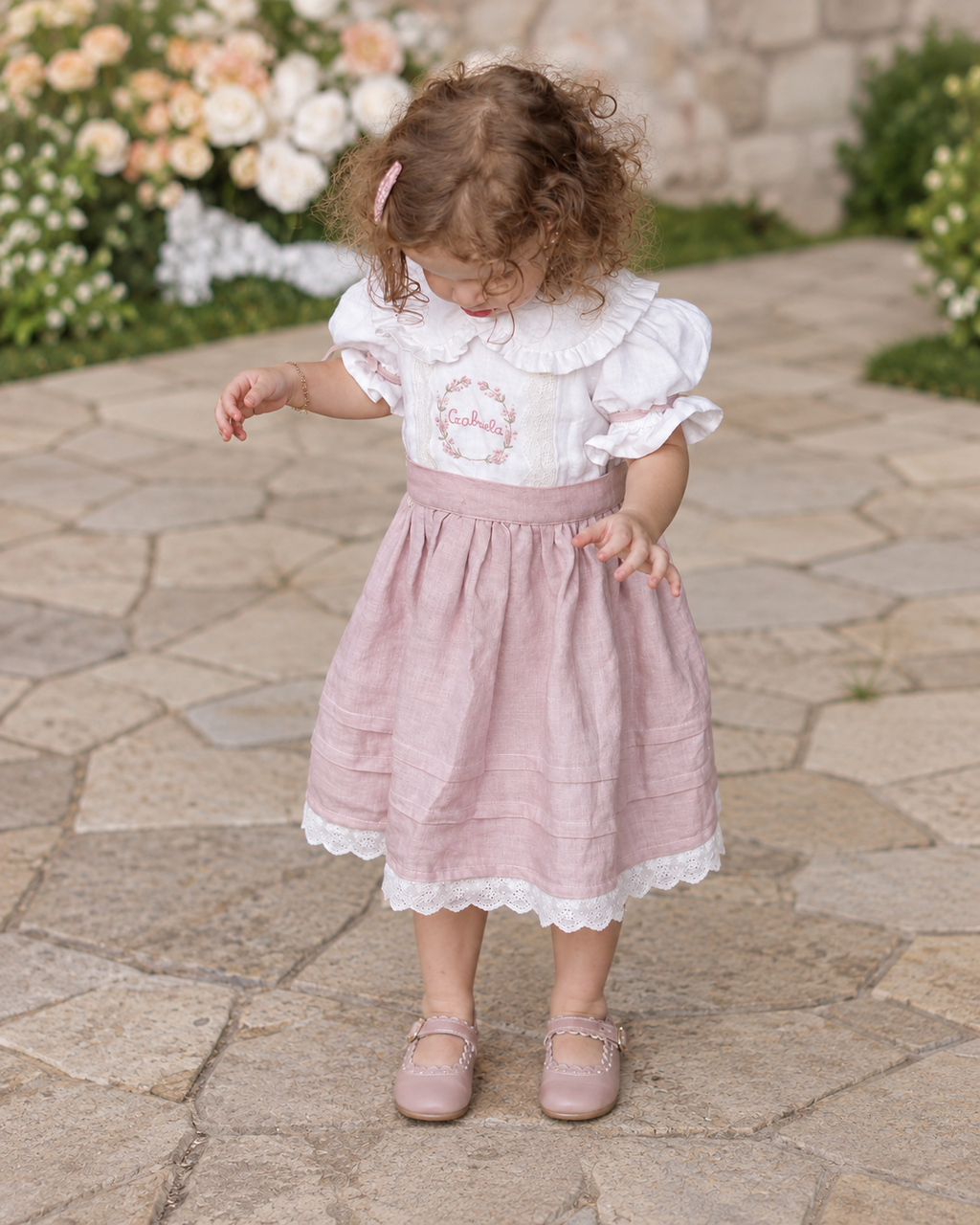 Personalized white and dusty pink linen dress with lace details