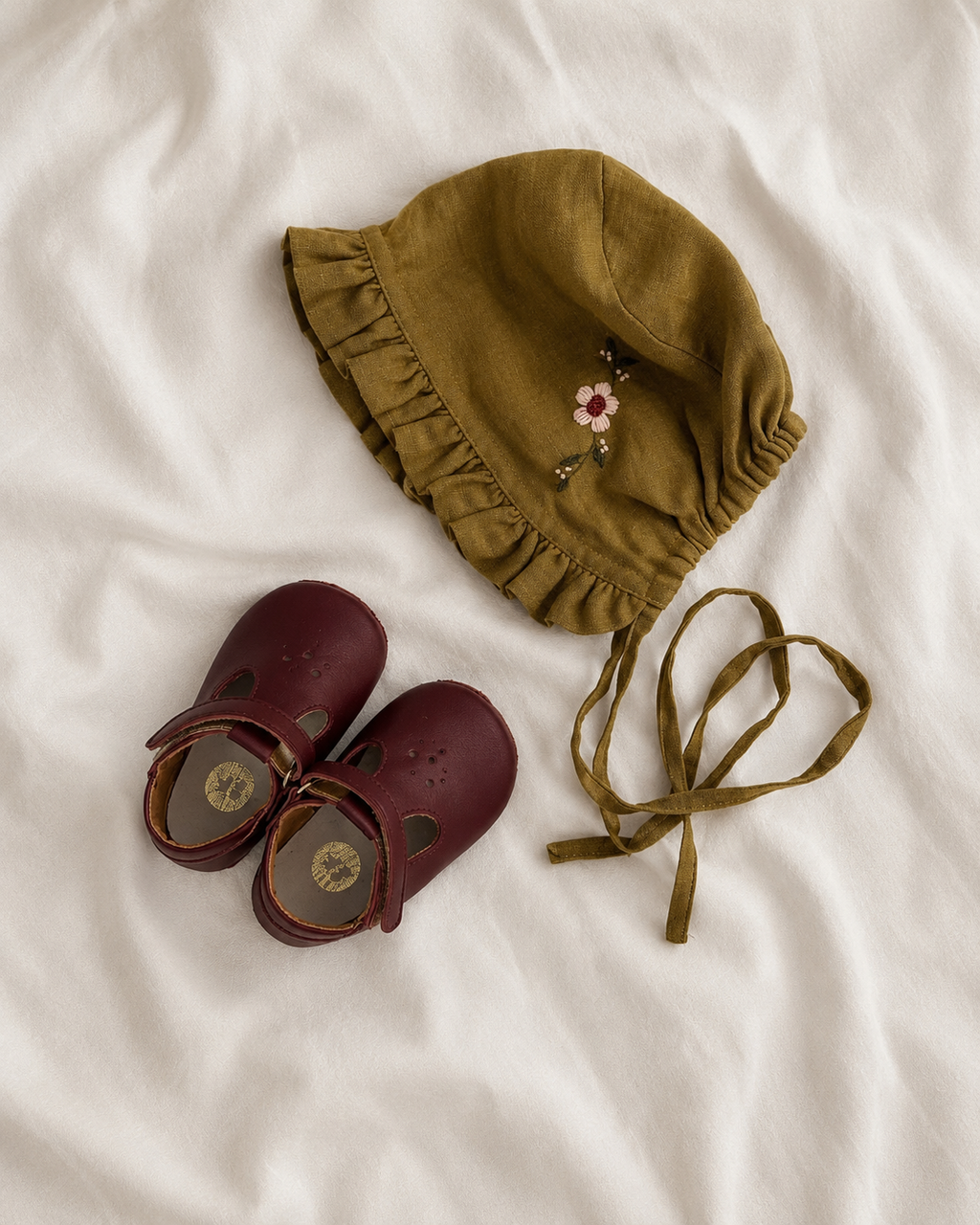 Florence Floral Embroidered Romper with Matching Bonnet in Olive (0–12 months)