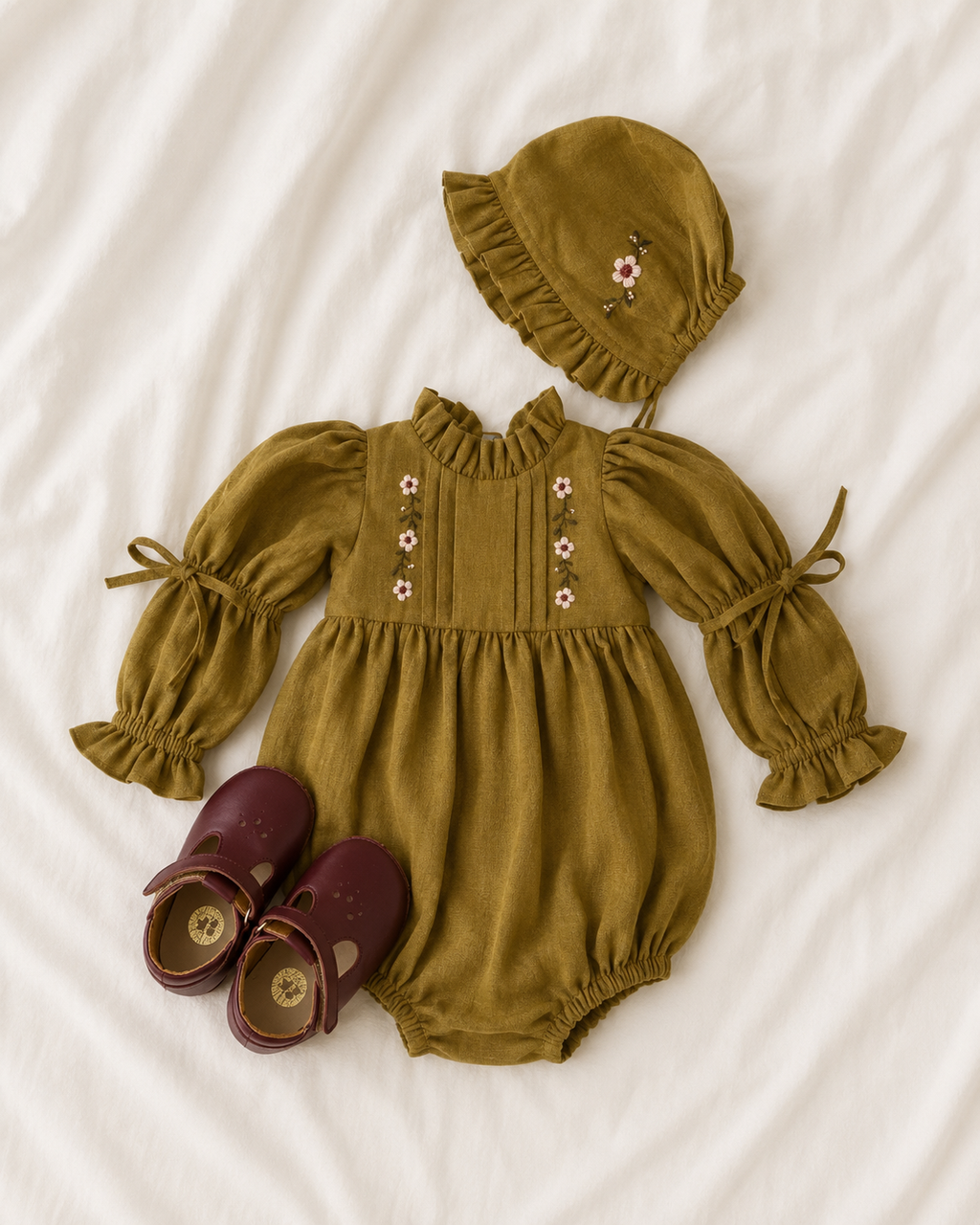 Florence Floral Embroidered Romper with Matching Bonnet in Olive (0–12 months)