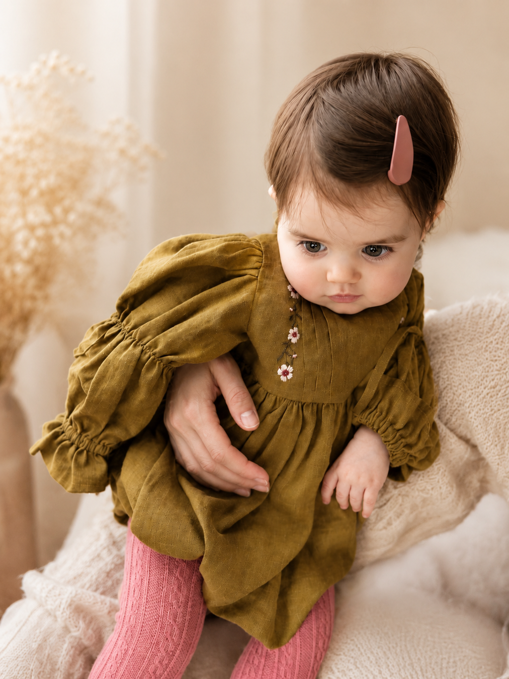 Florence Floral Embroidered Romper with Matching Bonnet in Olive (0–12 months)