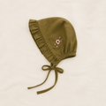 Olive Florence baby bonnet with floral embroidery and ruffle trim