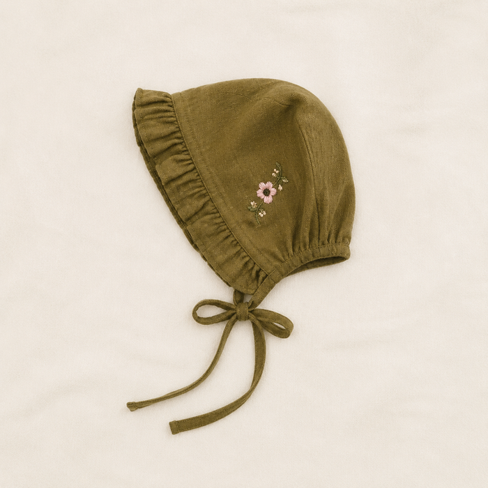Olive Florence baby bonnet with floral embroidery and ruffle trim