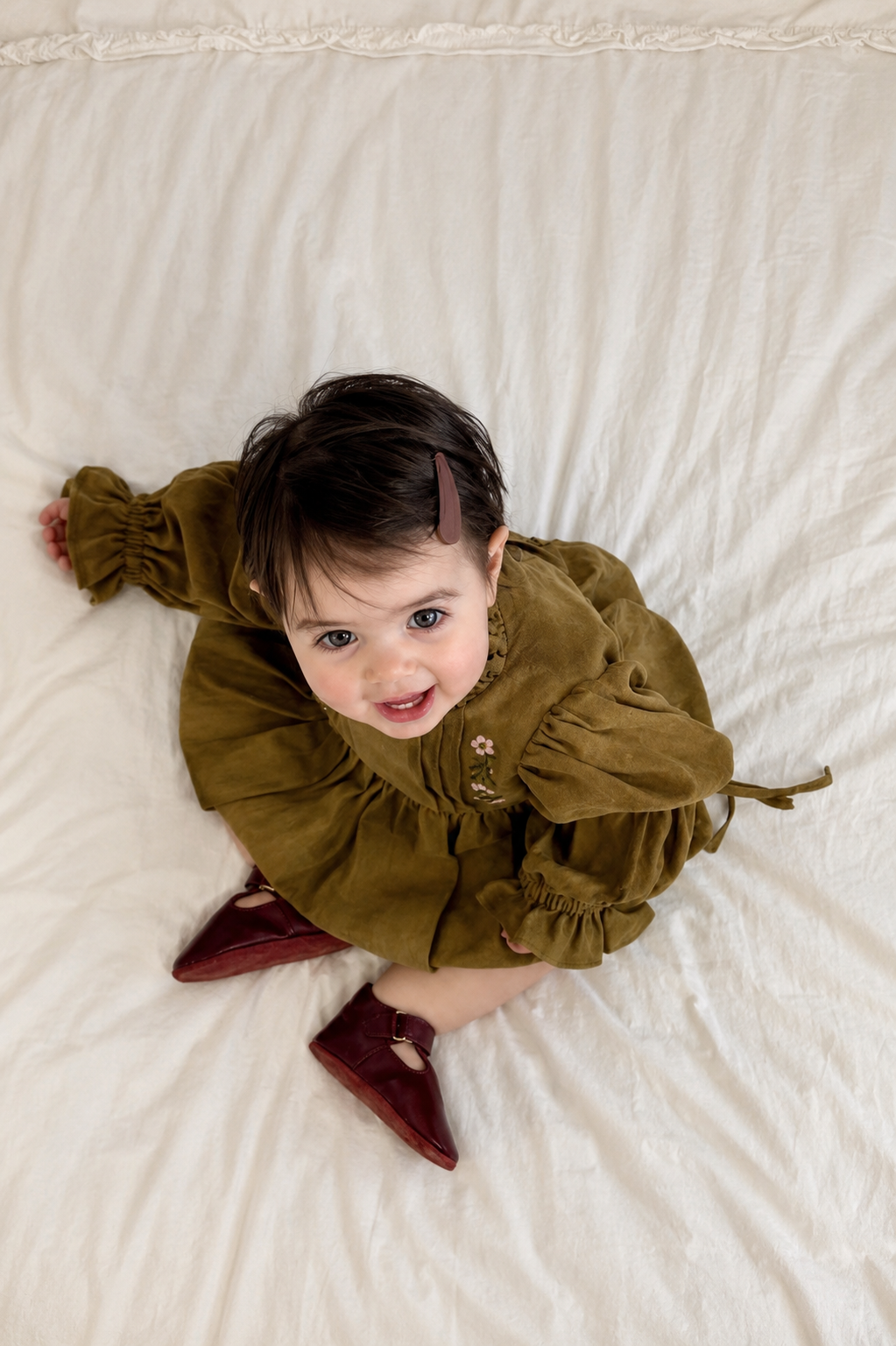 Olive floral embroidered baby romper with coordinated bonnet and shoes