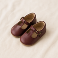 Burgundy leather Mary Jane baby shoes with adjustable buckle