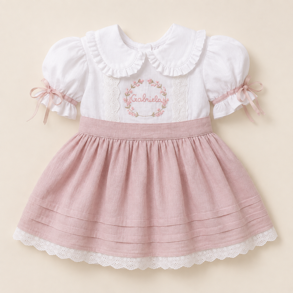 White and dusty pink personalized girls dress with floral embroidery