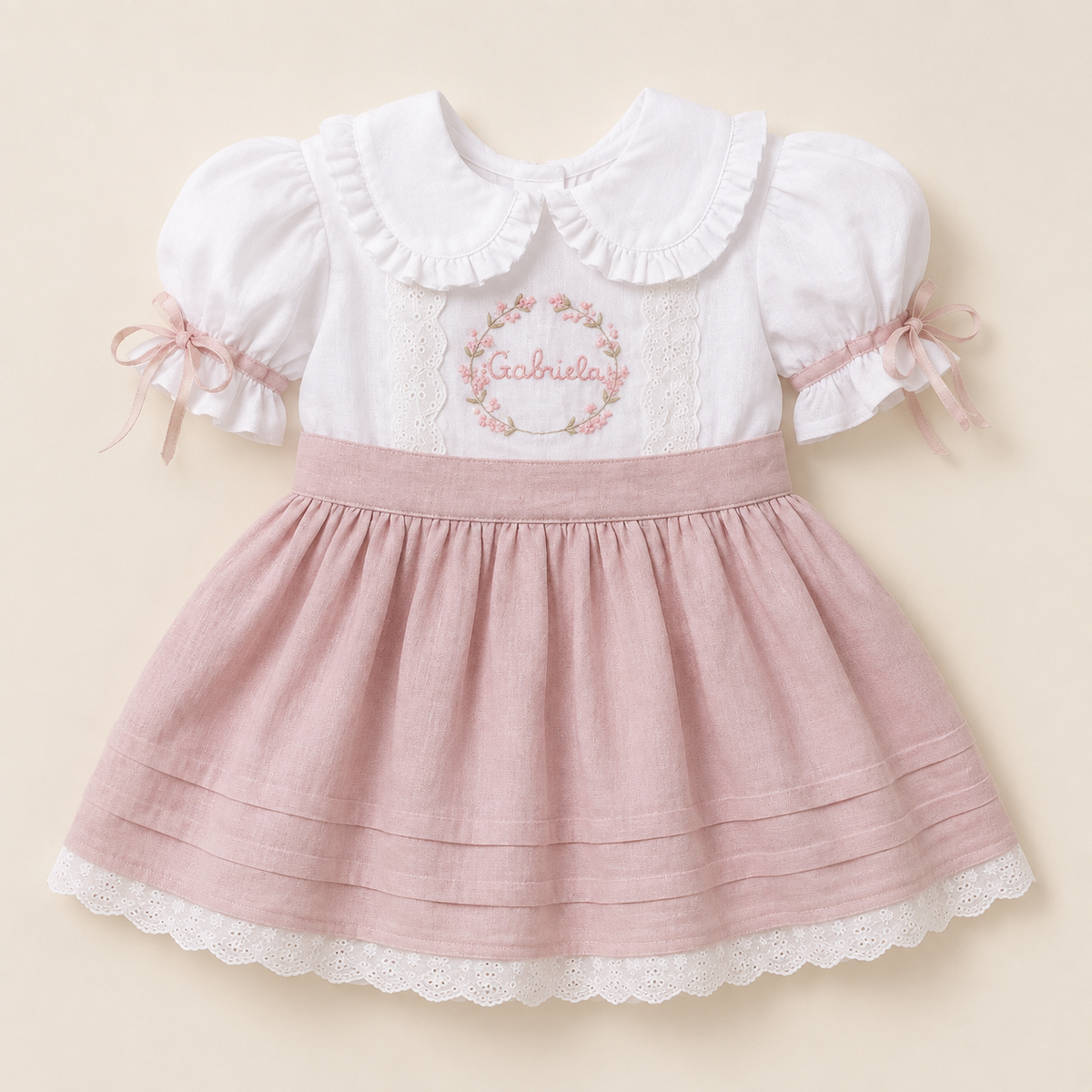 White and dusty pink personalized girls dress with floral embroidery