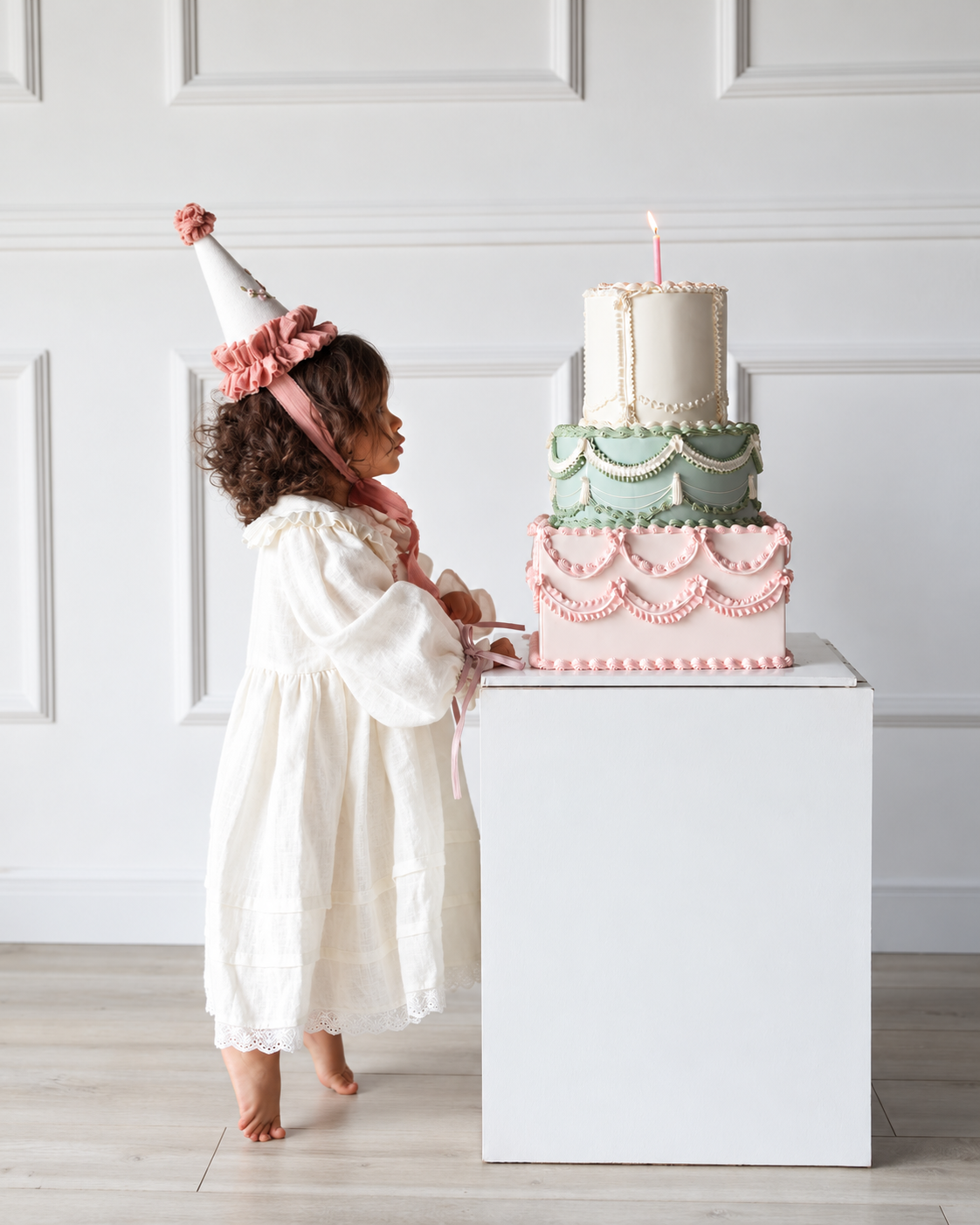 Girl wearing ivory floral embroidered birthday dress next to pastel tiered cake