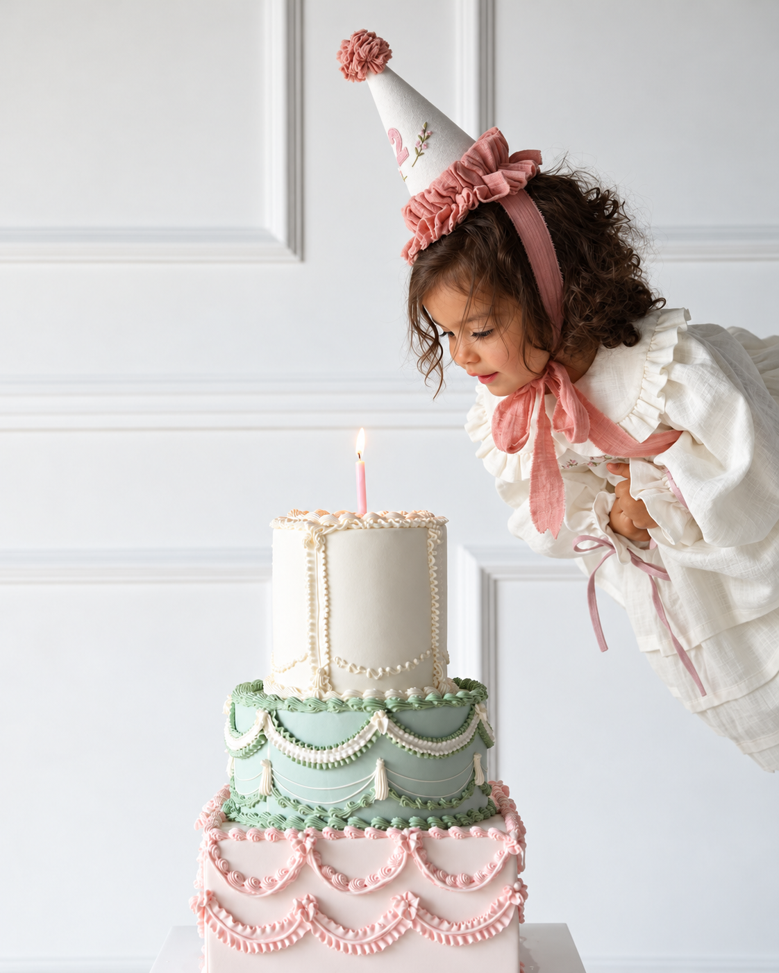 Girl leaning toward a birthday cake in ivory dress and pink party hat