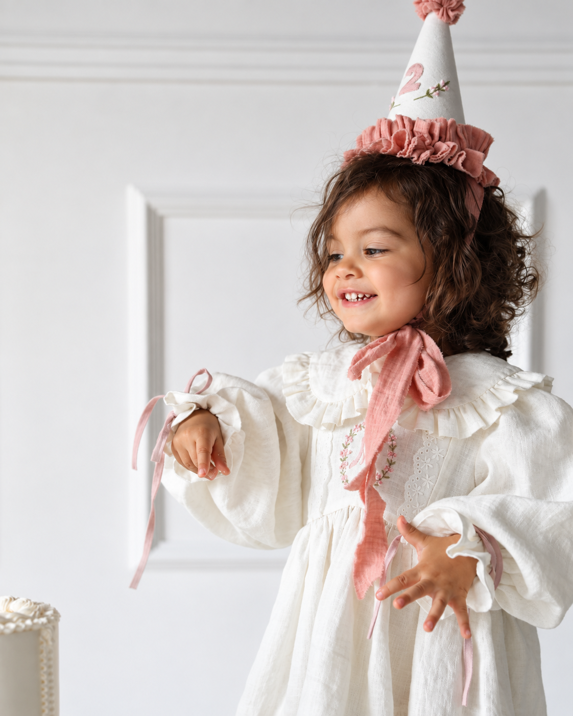 Girl wearing embroidered ivory birthday dress with blush-pink ribbons
